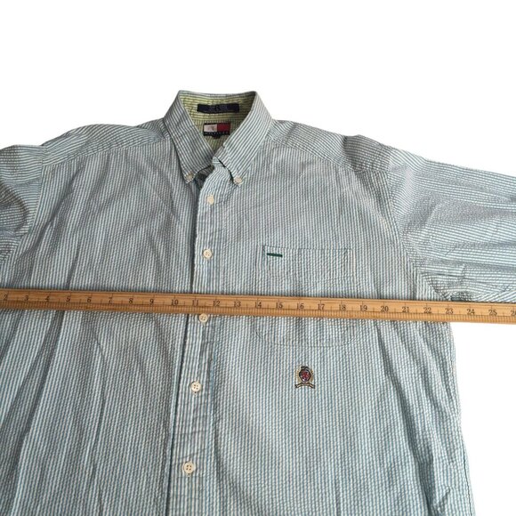 Vintage Tommy Hilfiger Shirt Mens Large Seersucker Button Down Crest Blue Stripe - Picture 7 of 13
